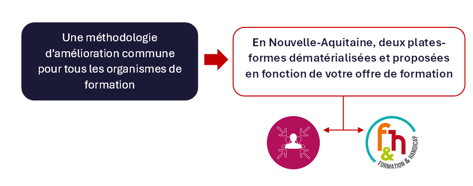 Schéma en illustration de l'outillage des organismes de formation. A gauche : une méthodologie d'amélioration commune pour tous les organismes de formation. Une flèche vers la droite : l'amélioration de l'accessibilité soutenue concrètement en Nouvelle-Aquitaine au travers de deux outils. Flèche de dédoublant d'une vers le pictogramme RHF et l'autre vers le f&h Formation et Handicap